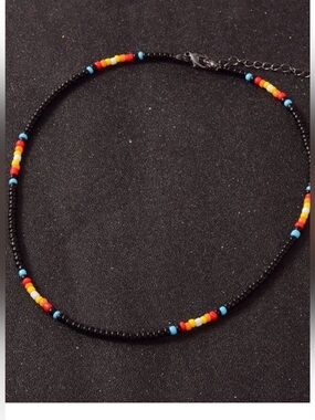 Black Beaded Necklace with Multicolor Accent Beads